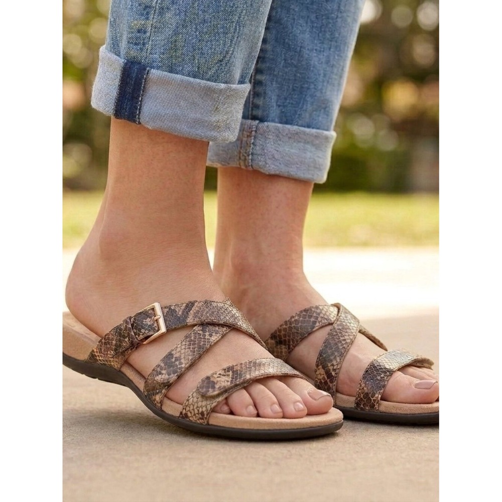 Vionic Kira Snakeskin Print Orthotic Slide Sandals Brown Tan 341KIRA Size 8